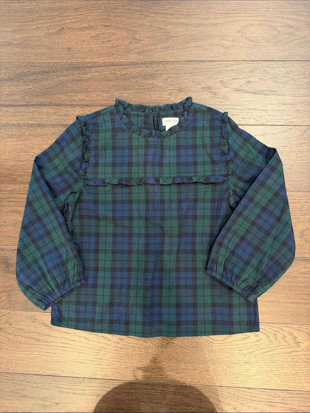 Crewcuts Girls Green & Navy Plaid Ruffle-Yoke Long Sleeve Top Size 6/7 - C44-045